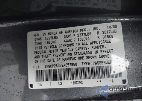 2009 Honda Accord 2.4 Lx from USA, damaged, VIN 1HGCP26339A052950